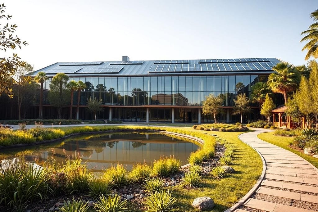 A sprawling modern eco-friendly building with a stunning glass facade, surrounded by lush greenery and solar panels on the roof. The structure is bathed in warm natural light, with clean geometric lines and a harmonious blend of wood, stone, and metal accents. In the foreground, a tranquil reflecting pool mirrors the building's facade, while a path winds through a beautifully landscaped garden filled with native plants and water features. The overall atmosphere conveys a sense of sustainability, innovation, and environmental consciousness.