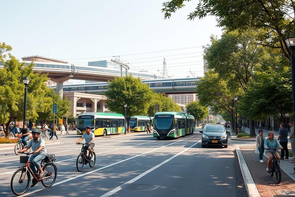 An eco-friendly cityscape with diverse sustainable transportation options. In the foreground, people cycling on sleek, modern bicycles and riding electric scooters on dedicated bike lanes. In the middle ground, efficient electric buses and compact hybrid cars navigating tree-lined streets. In the background, a bustling train station with high-speed electric trains, and a network of overhead monorails. The scene is bathed in warm, natural lighting, creating a sense of harmony and environmental consciousness. The composition emphasizes the integration of clean, renewable modes of transport, fostering a vision of a sustainable, livable urban environment.