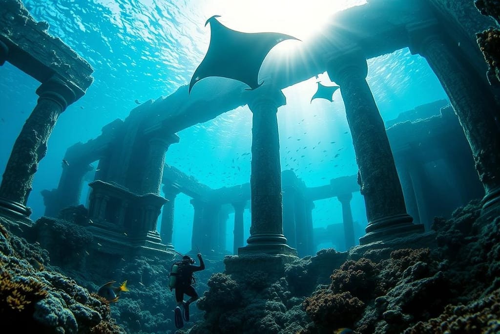 An underwater city of ancient ruins, the lost civilization of Atlantis emerges from the depths. Majestic stone structures, covered in coral and kelp, rise from the seafloor. Sunlight filters through the azure waters, casting a serene, ethereal glow upon the scene. Schools of vibrant tropical fish dart between the weathered columns and arches, while schools of manta rays glide gracefully overhead. In the foreground, a diver explores the ruins, their silhouette a testament to the mysteries that still lie buried beneath the waves. The overall atmosphere is one of wonder, mystery, and a sense of the unknown - a glimpse into a world long hidden from the surface.
